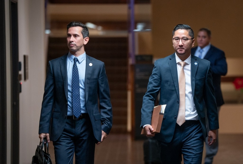 Deputy Attorneys General David Van Acker, left, and Cheuk Fu Liu arrive for the arraignment of Lt. Gov. Luke, Ryan Yamane, Ford Fuchigami and Leo Asuncion Jr. at Kaʻahumanu Hale, July 30, 2026.