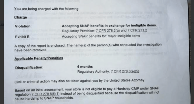 A letter from the USDA telling Elizabeth Ward that her store could no longer accept SNAP as payment said the disqualification would cause no hardship to SNAP households.