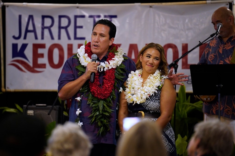 Sen. Jarrett Keohokalole and his wife Kuʻulani Keohokalole mahalo their supporters after the first primary election results are announced Saturday, Aug. 8, 2026, in Honolulu. (Kevin Fujii/Civil Beat/2026)