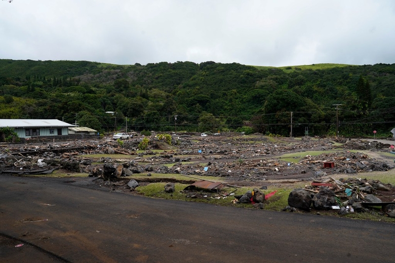 A square block where homes and buildings once stood in Waiohinu west of Nāʻālehu is photographed Tuesday, Aug. 18, 2026, on Hawaiʻi Island. Hurricane Lala made a close pass to the South Point of the Big Island Saturday. (Kevin Fujii/Civil Beat/2026)