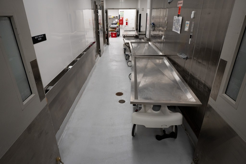 Gurneys line a hallway at the Medical Examiners office in Honolulu August 12, 2026. (Craig Fujii/Civil Beat/2026)