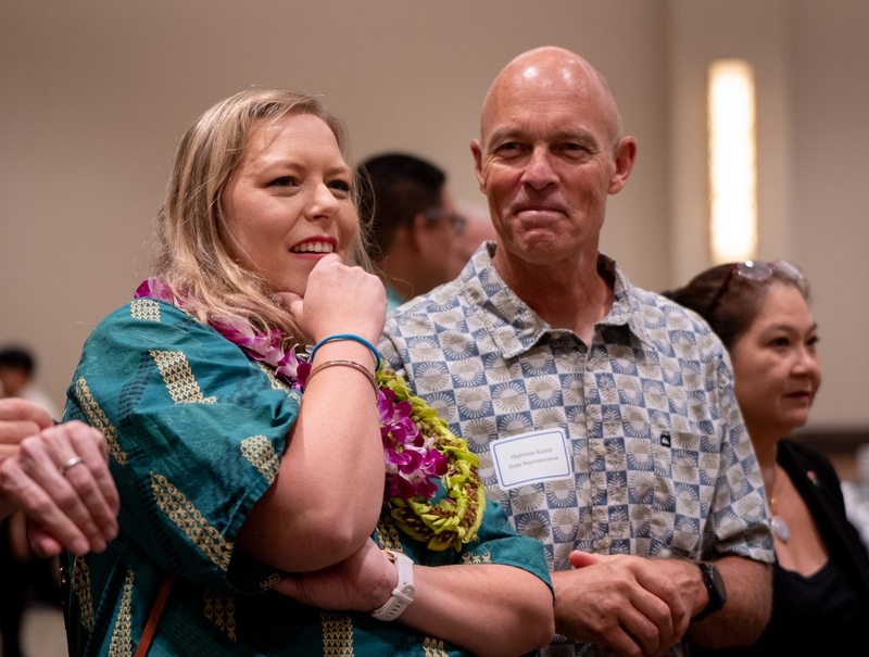 Danielle Bass, left, with state Rep. Matthias Kusch at the 2026 Unity Breakfast for the Democratic Party of Hawaiʻi in Honolulu August 9, 2026. Bass was nominated to take the seat of retiring state Sen. Michelle Kidani. (Craig Fujii/Civil Beat/2026)