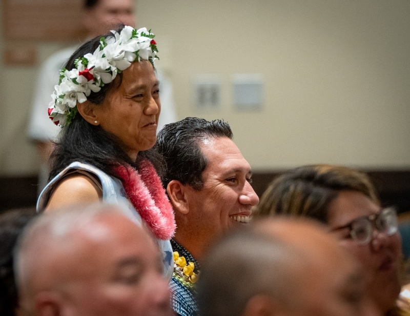 Former state Rep. Della Au Belatti, left, and state Sen. Jarrett Keohokalole at the Democrats' Unity Breakfast in Honolulu August 9, 2026. (Craig Fujii/Civil Beat/2026)