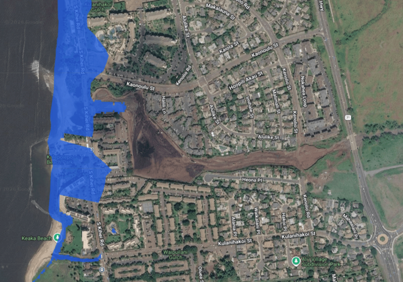 The State of Hawai‘i Sea Level Rise Viewer shows parts of Kīhei flooded with 3 feet of sea level rise. (Courtesy: PacIOOS/2026)