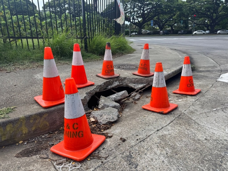 cones surround a hole in the sidewalk