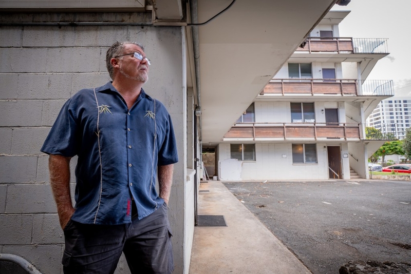 Aaron Blakeslee at 1420 Wilder Avenue where rents will be going up under new ownership, photographed Sept. 4, 2026. "I'm just  a working guy trying to get by," he said. (Craig Fujii/Civil Beat/2026)