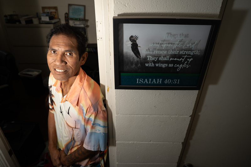 Matthew Taufete'e at his modest First L.A.P. (Life After Prison) office in Waipahu August 5, 2026. His life was turned around by God, he said. (Craig Fujii/Civil Beat/2026)