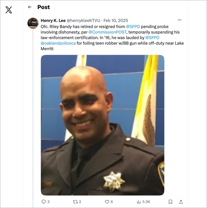 Screenshot of an X post about SFPD Officer Riley Bandy who has since taken a position as an investigator for the Honolulu prosecutor.
