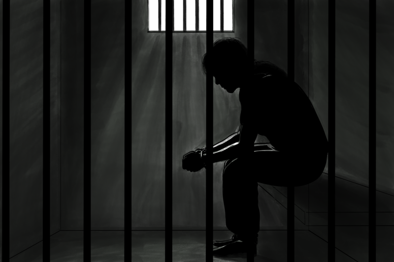 Illustration of figure in jail cell