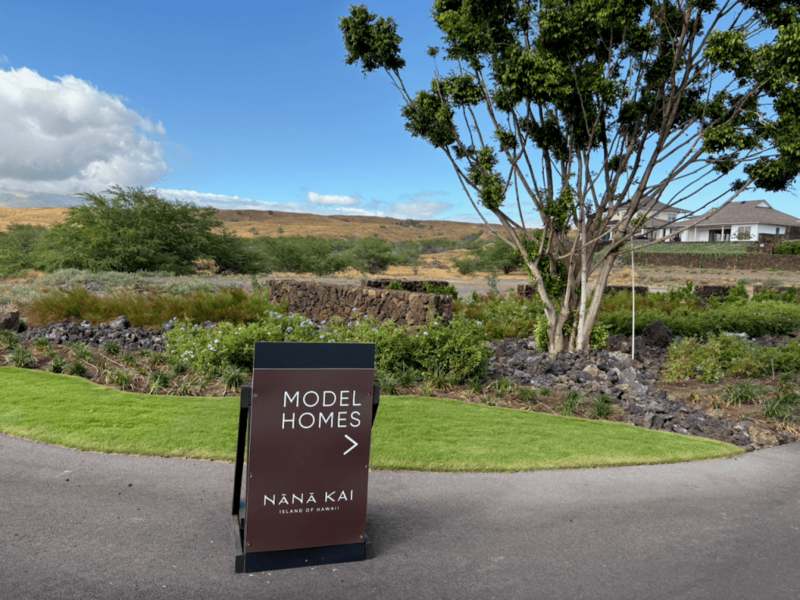 The Nana Kai development, at the edge of Waikōloa Village is one example of outstanding water credits. In the next few years it could grow from a handful of model homes to 1,750 residences. (Twilight Greenaway/Civil Beat/2026)