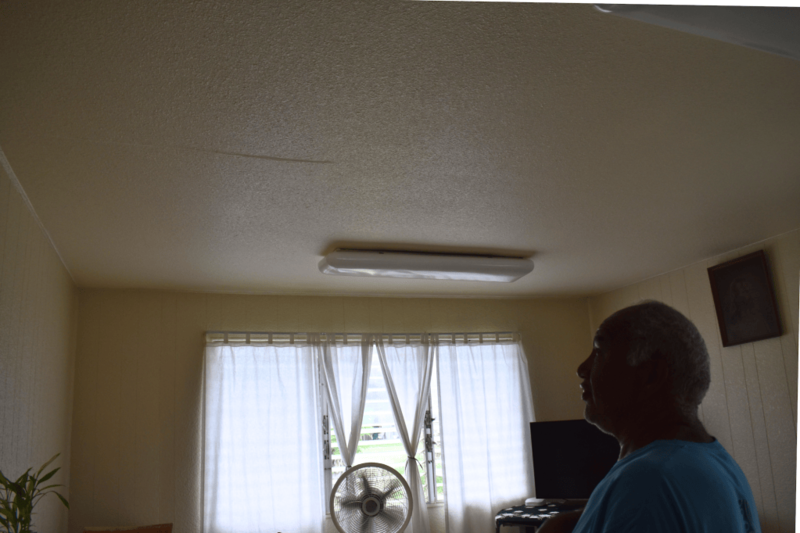 Kekaha Ha‘aheo tenant Joseph Naka‘ahiki said a displaced metal vent cap on his roof caused rainwater to leak through his ceiling into his living room and kitchen.