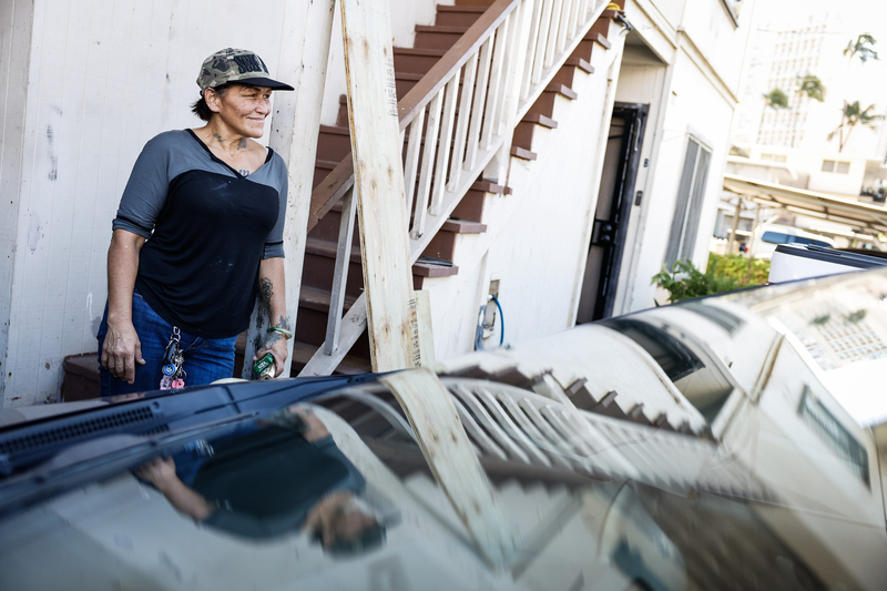 Kapu Shoaf stands outside her residence, Monday, Oct. 12, 2026, in Honolulu.  (Jamm Aquino/Civil Beat/2026)