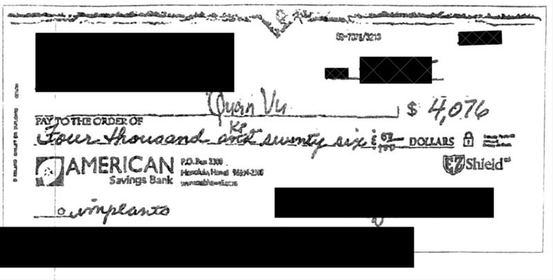 Dr. Kyrell Wright claims his former office manager, Quan Vu, stole at least $80,000 from Wright’s office in Kaimukī by taking cash payments and writing his name on checks submitted to the office.