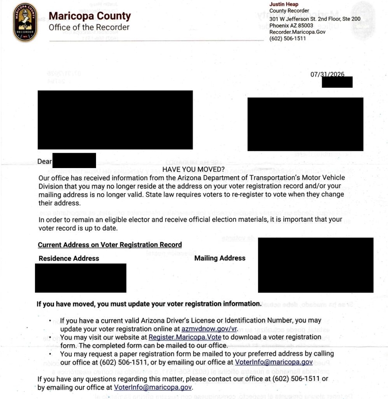 Thousands of Arizona voters received letters asking if they’d moved. Here’s why.