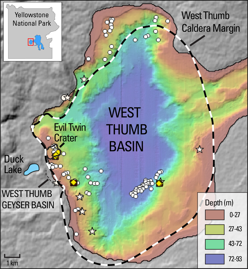 bathymetric map of the West Thumb Basin showing numerous mapped active or inactive hydrothermal vent sites