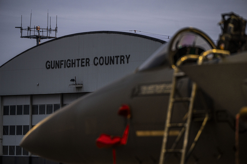 An F-15E Strike Eagle aircraft assigned to the 366th Fighter Wing sits on the flightline at Mountain Home Air Force Base in Idaho