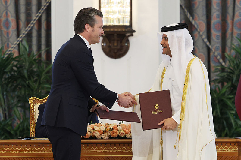 U.S. Secretary of Defense Pete Hegseth attends a signing ceremony at the Amiri Diwan, the official workplace of the emir, on May 14, 2025, in Doha, Qatar