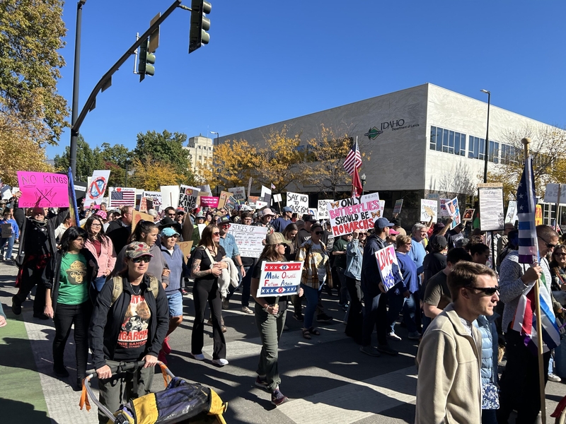 Protestors make their way down Sixth Street in downtown Boise after the conclusion of the No Kings 2.0 rally at the Idaho Statehouse in Boise.