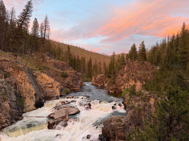 Dagger Falls at sunset on the Middle Fork Salmon River.