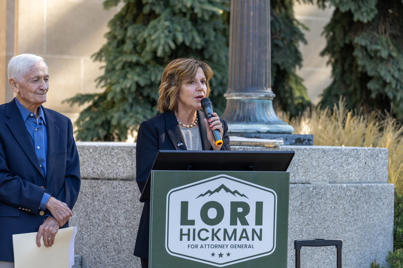 Standing beside former Idaho Attorney General and state Supreme Court Justice Jim Jones, Democratic candidate for attorney general Lori Hickman speaks at a press conference announcing her endorsements on Oct. 1, 2026.