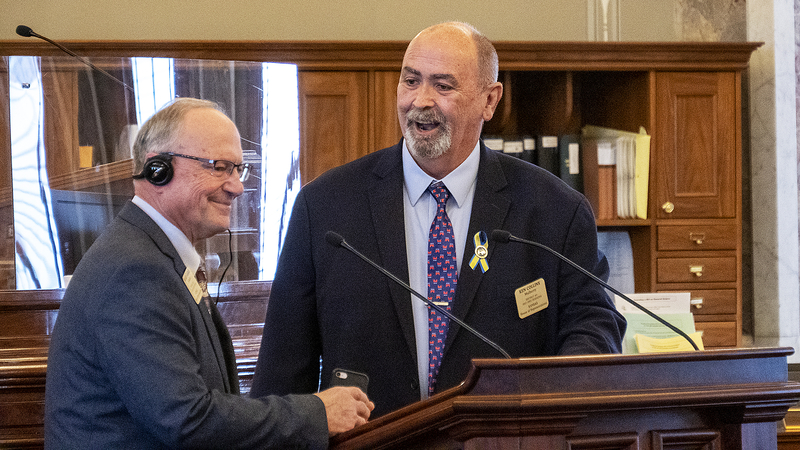 Mulberry state Rep. Ken Collins, on the right in this March 2022 photo, lost a primary contest Tuesday to Republican challenger Dan Muter, a retired minister from Pittsburg who was endorsed by political action committees of the Kansas Chamber and Kansas Farm Bureau