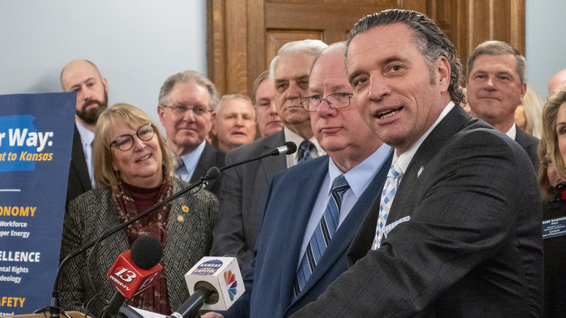 Ty Masterson and Dan Hawkins discuss GOP legislative goals during a Jan. 10, 2023 news conference. (Sherman Smith/Kansas Reflector)