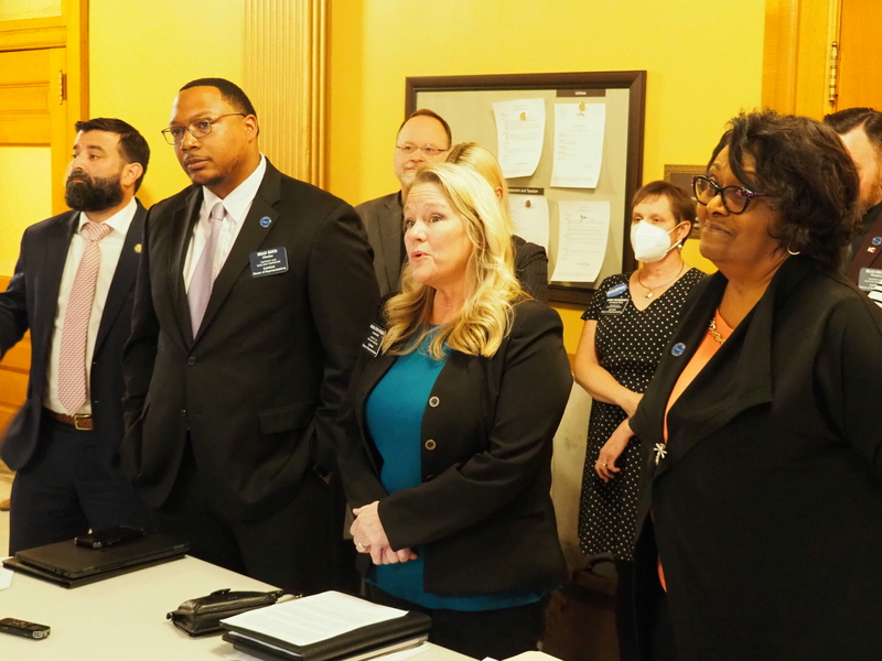Kansas House Democrats — Jarrod Ousley of Merriam, Brad Boyd of Olathe, Mari-Lynn Poskin of Leawood and Valdenia Winn of Kansas City — were critical of a voucher-like bill directing millions of state tax dollars to private schools passed Monday by the House K-12 Education Budget Committee. (Tim Carpenter/Kansas Reflector)
