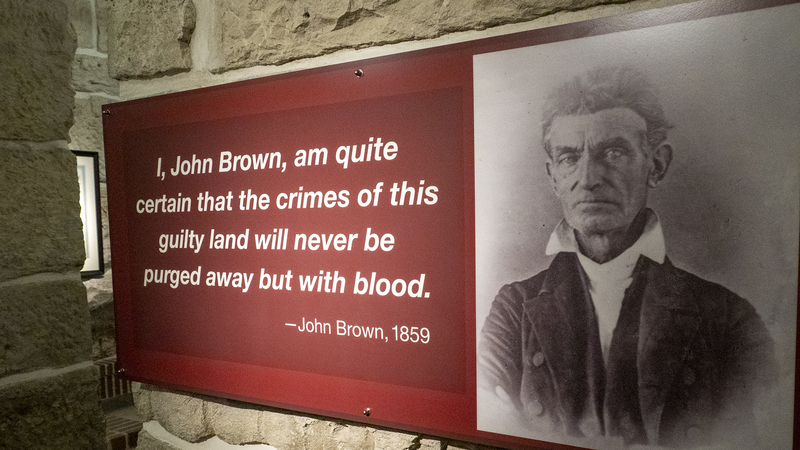 A sign quoting John Brown is seen on March 7, 2023, inside the Kansas Statehouse