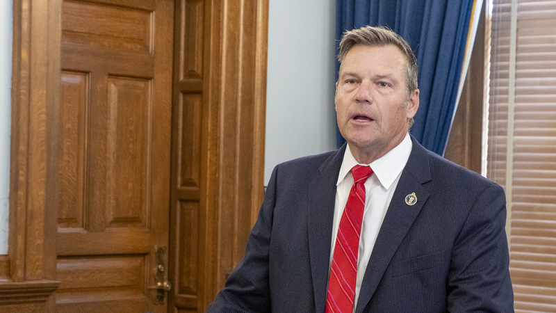 Kansas Attorney General Kris Kobach announces he is suing Pfizer during a June 17, 2024, news conference at the Statehouse in Topeka