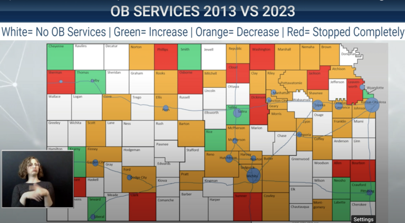 This map, provided by Michael Kennedy, a family medicine provider and rural health expert, shows the decline in obstetric care in Kansas