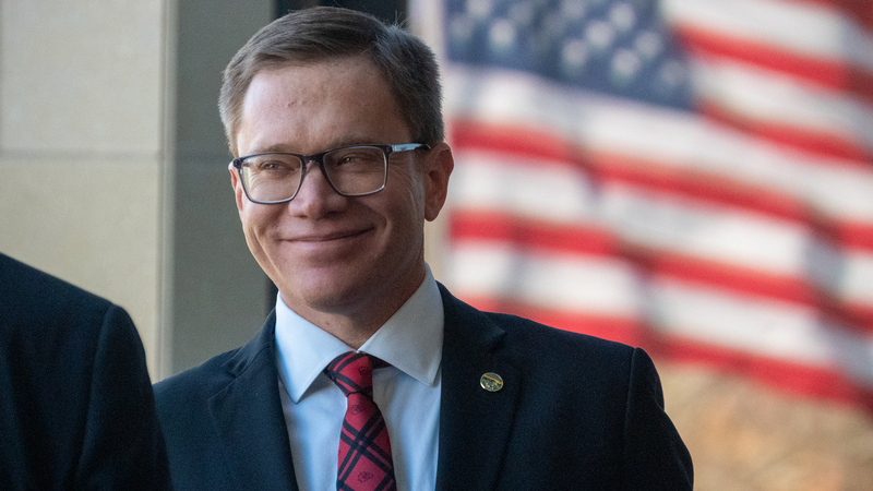 Lt. Gov. David Toland appears during a photo op commemorating a deal between the state of Kansas and the Kansas City Chiefs on Dec. 22, 2025, in Topeka