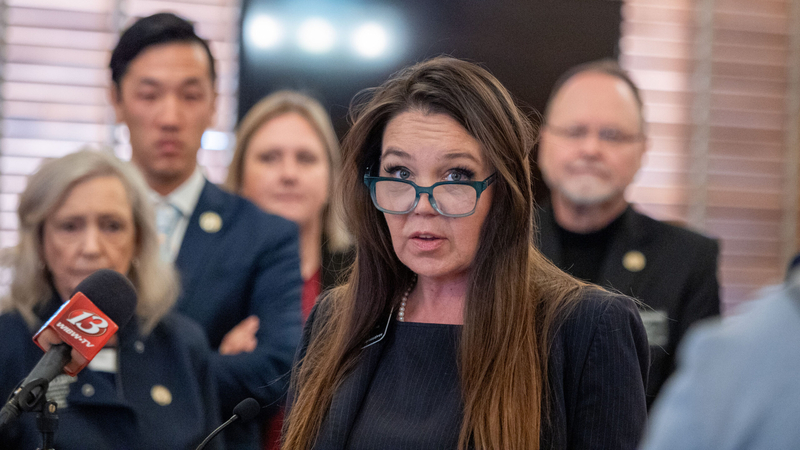 Rep. Stephanie Sawyer Clayton speaks at a Jan. 12, 2026, news conference about the legislative priorities of House Democrats.