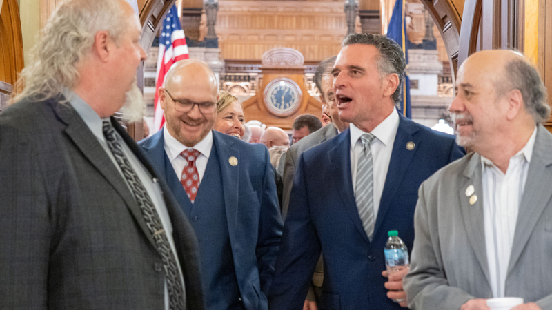 Senate President Ty Masterson prepares to walk Jan. 13, 2026, to the Kansas House for the governor's State of the State speech.