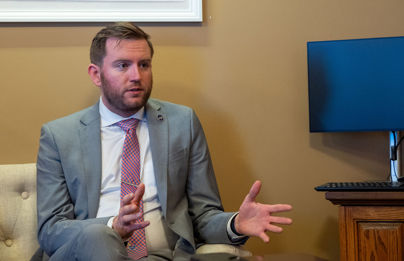 House Minority Leader Brandon Woodard talks to reporters during a Jan. 15, 2026, news conference in Senate Minority Leader Dinah Sykes' office at the Statehouse in Topeka