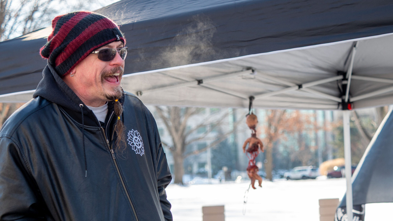 Michael Stewart, president of the Satanic Grotto, says a counterprotest Jan. 27, 2026, to a rally inside the Capitol by Abortion is Murder, which seeks a total ban on abortion in Kansas, highlights inconsistency in the state's handling of access to the Capitol