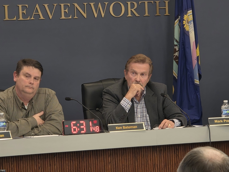 Leavenworth Planning Commission members Ken Bateman, left, and Mark Preisinger, listened to public input during a hearing about CoreCivic's request for a permit to reopen its private prison. Bateman was the only no vote on the permit.