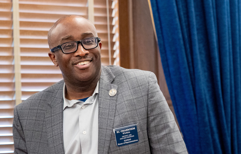 Rep. KC Ohaebosim, a Wichita Democrat who has served five terms in the Kansas House, is the lieutenant governor running mate for Overland Park Sen. Cindy Holscher's Democratic campaign for governor. This is a Feb. 3, 2026, photo of Ohaebosim