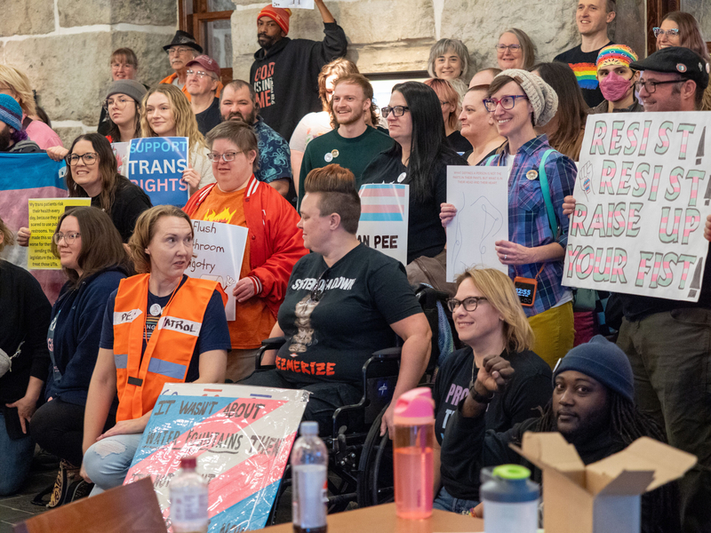 Trans people and their supporters rally Feb. 6, 2026, at the Statehouse.