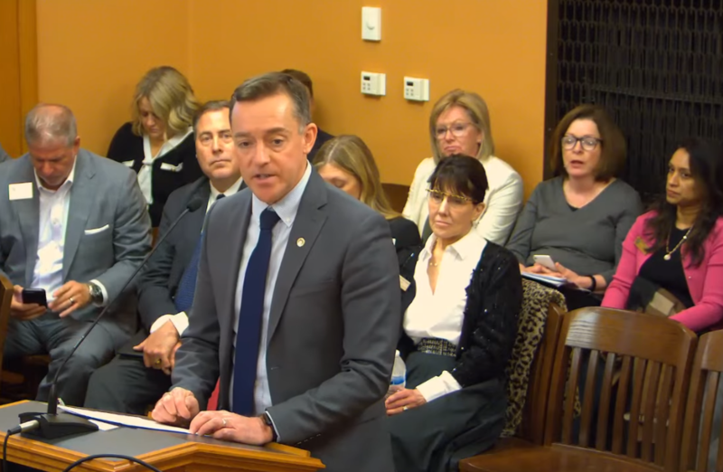 Blake Benson, chairman of the Kansas Board of Regents, says the oversight board will back off its opposition to a higher education reform bill if the Legislature accepts two crucial amendments. (Kansas Reflector screen capture from Legislature's YouTube channel)