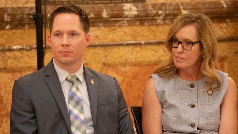 Kansas state Sens. Chase Blasi, an Andale Republican, and Dinah Sykes, a Lenexa Democrat, both spoke in favor of the law banning cellphones in schools during a March 19, 2026, news conference at the Statehouse in Topeka