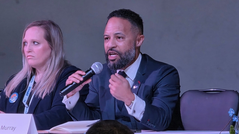 Democratic candidate Erik Murray shares his views on what Kansans want from their Washington politicians at the Kansas Democratic Party's annual convention March 8, 2026. He is running for Sen. Roger Marshall's seat.