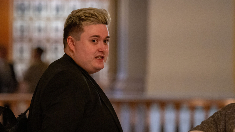Jae Moyer appears before a March 10, 2026, demonstration outside the Senate chamber in the Kansas Statehouse