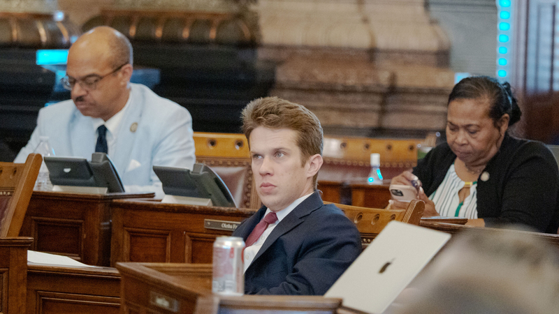 Kansas Sen. Patrick Schmidt, D-Topeka, listens to debate on April 9, 2026, in the Senate.
