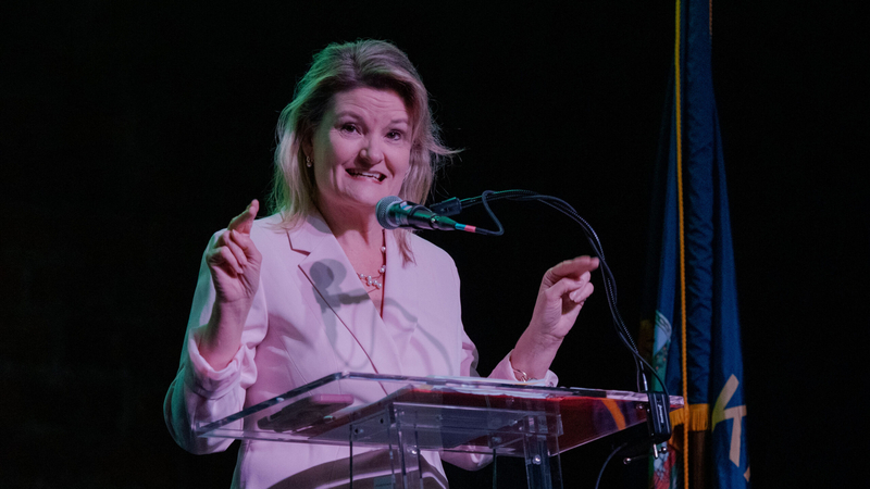 Sen. Cindy Holscher says she is running on her record, "not the coattails of the establishment," during an April 26, 2026, forum at the Aztec Shawnee Theater.
