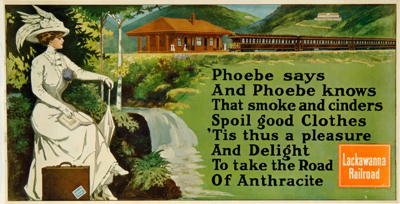A Phoebe Snow postcard ad from 1912 talked about avoiding ‘smoke and cinders’ with trains run on anthracite coal.
