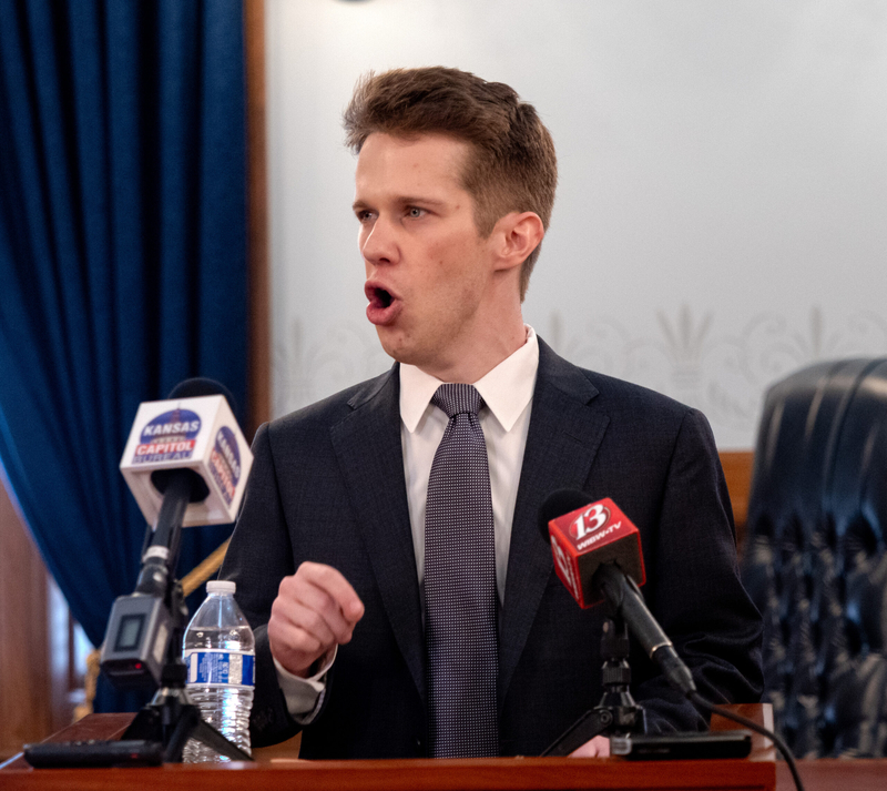 Kansas Sen. Patrick Schmidt, D-Topeka, talks to reporters during a May 27, 2026, news conference at the Statehouse in Topeka