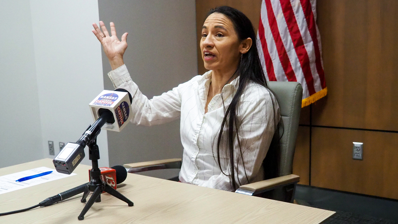 U.S. Rep. Sharice Davids, D-Kansas, files for reelection on May 11, 2026, at the Kansas Secretary of State's Office in Topeka