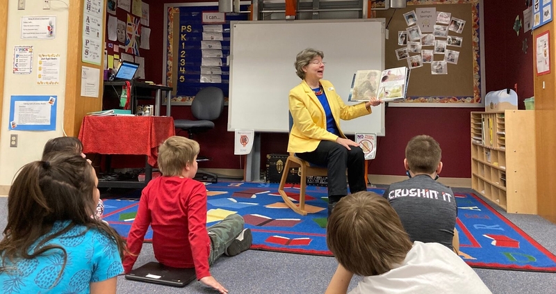 Ann Zimmerman reads to Kansas students for library month in April 2022. (Photo submitted by Ann Zimmerman)