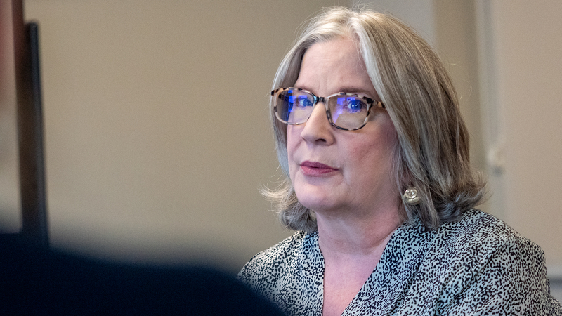 Susan Bell, whose work in various positions at Church of the Resurrection spanned two decades, talks to reporters during a July 15, 2026, interview in Kansas City, Kansas.
