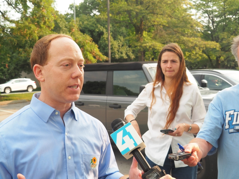 Democratic gubernatorial candidate Ethan Corson, a state senator from Fairway, speaks to reporters after voting Aug. 4 in the state's primary election